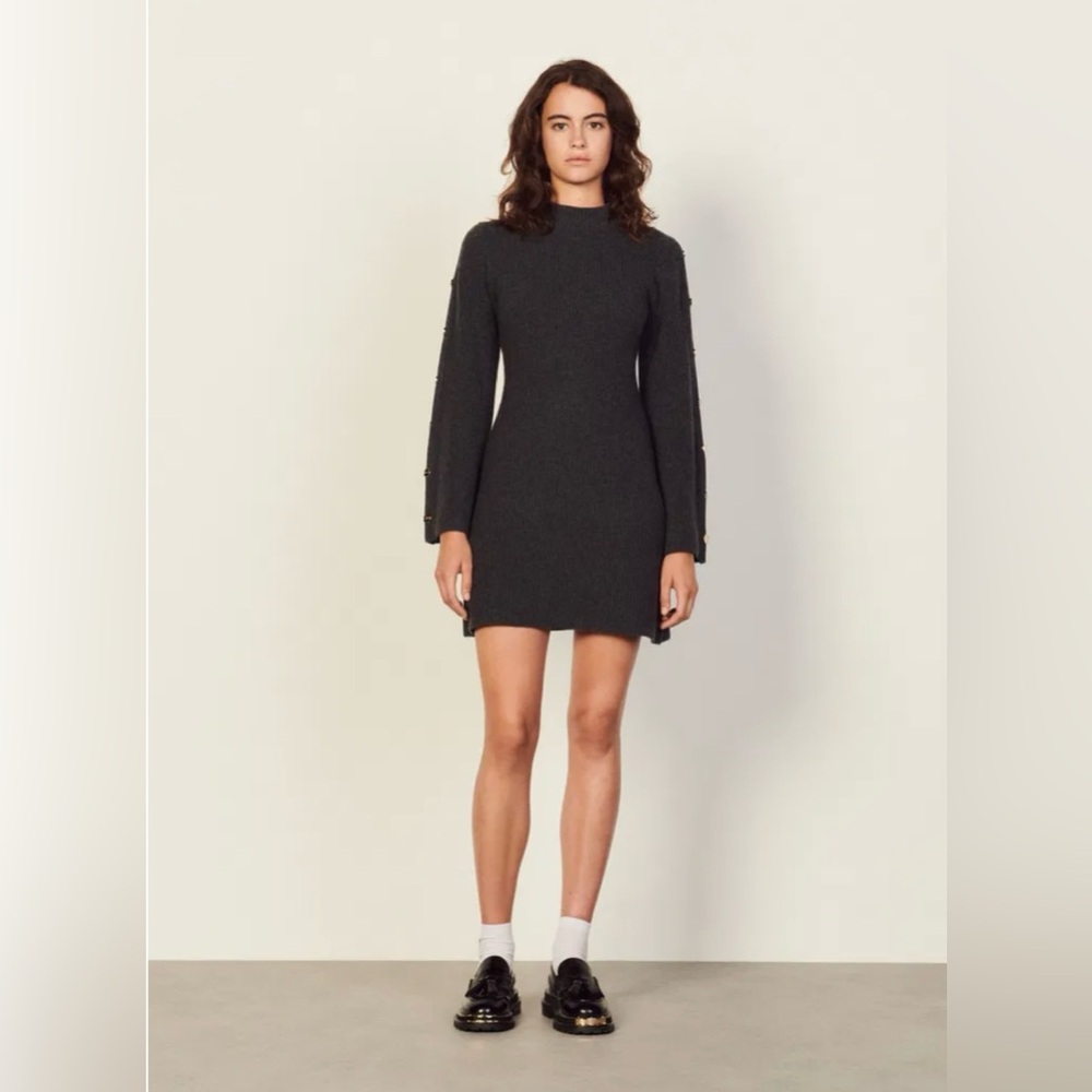 Sandro Black Sheath Dress with Mock Neck and Cuffed Sleeves